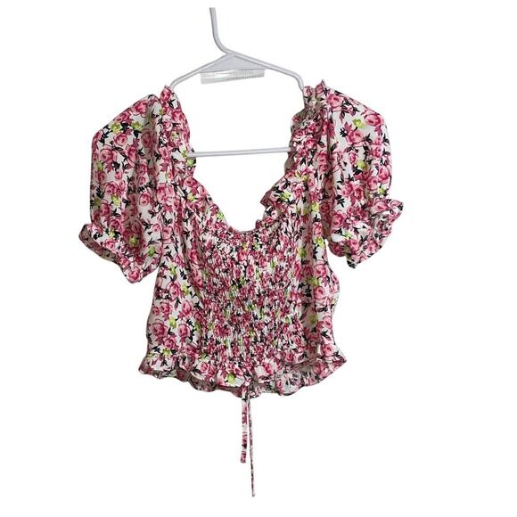 Women's Size S Zara Floral Puff Sleeve Off Shoulder Crop Top Cottagecore Spring - Picture 4 of 4